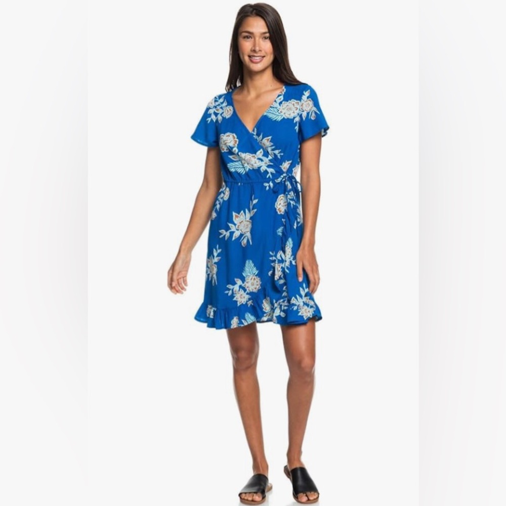 Roxy Flower Hawaiian Print in blue Wrap dress NWOT small - Picture 3 of 12